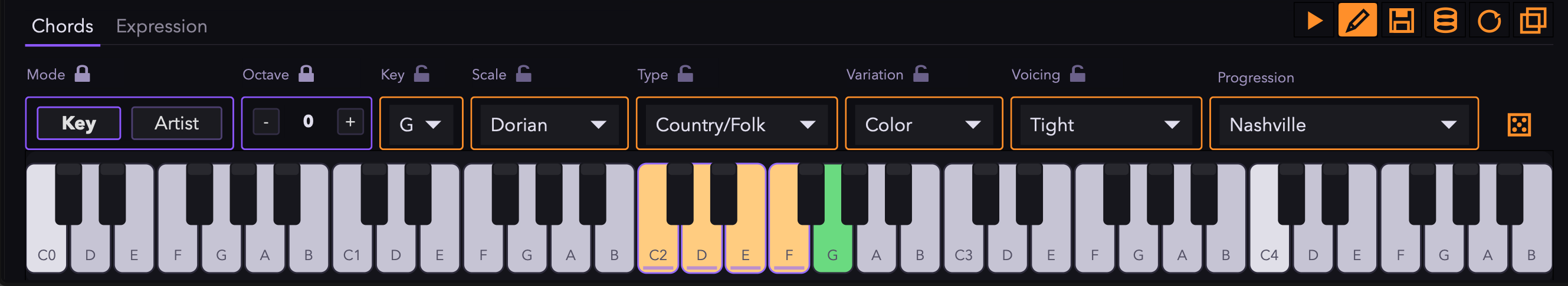 Chord Roller in edit mode: existing chords highlighted in orange and a green key for adding a new chord