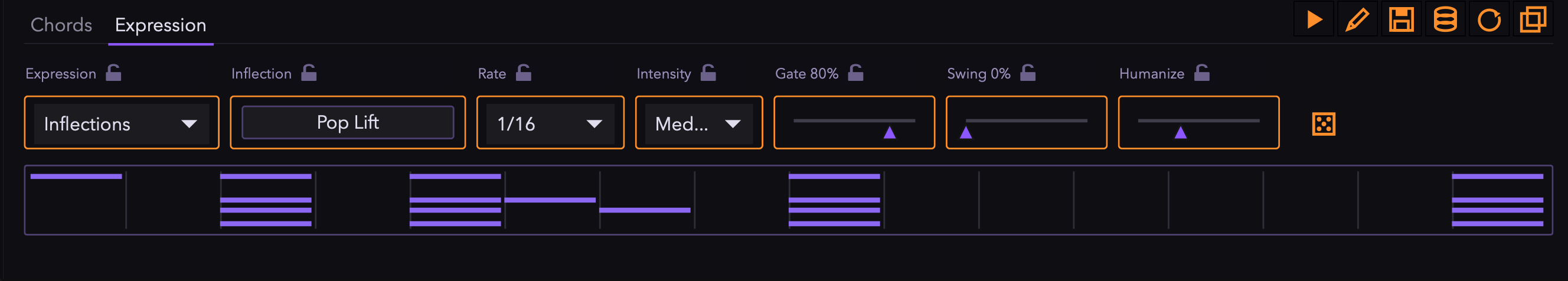 The Expression tab set to Inflections with the Pop Lift pattern, rate, intensity, gate, swing and humanize controls