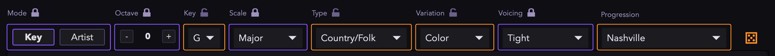 Chord Roller's chord menus with locks: Mode, Octave, Scale and Voicing locked in purple; Key, Type, Variation and Progression open to the dice in orange