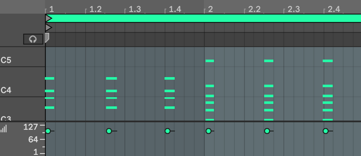 A printed Chord Roller progression open in Ableton Live's clip editor as ordinary MIDI notes