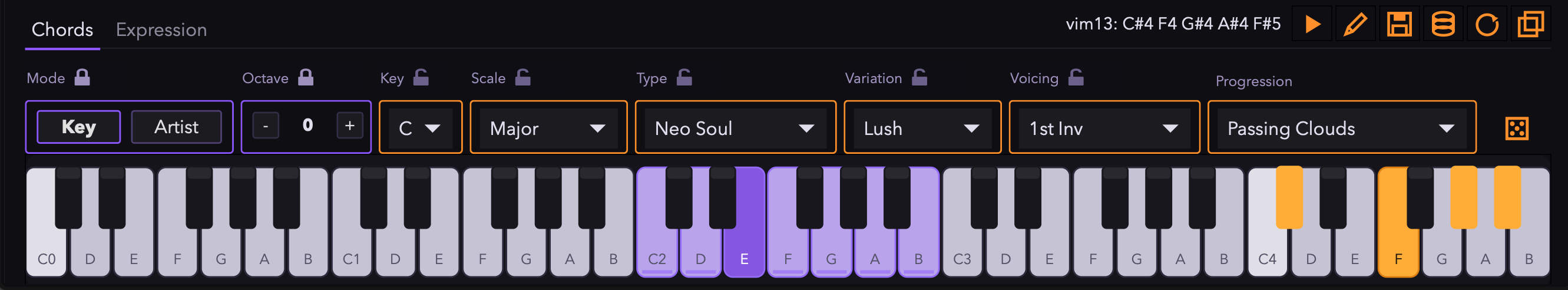 Chord Roller in Ableton Live: key, scale, type, variation, voicing and progression menus above a piano showing the current chord